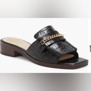 Vince Camuto Black Croc-Embossed Sandals with Gold Chain